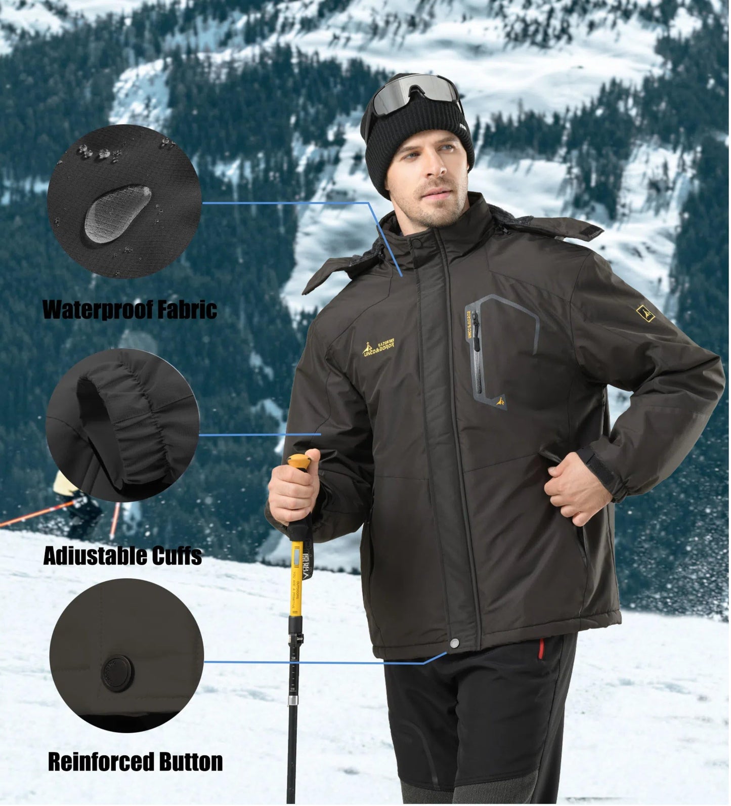 BOWOXO Men's Mountain Winter Coat Warm Fleece Ski Snow Jacket Waterproof Raincoat with Hood(Black,S)