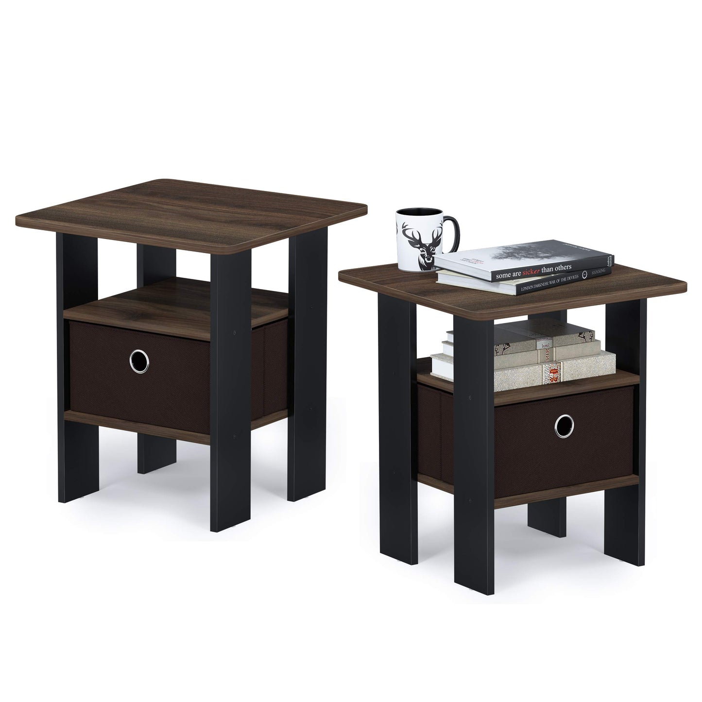 Furinno Andrey Set of 2 End Table / Side Table / Night Stand / Bedside Table with Bin Drawer, Columbia Walnut/Dark Brown