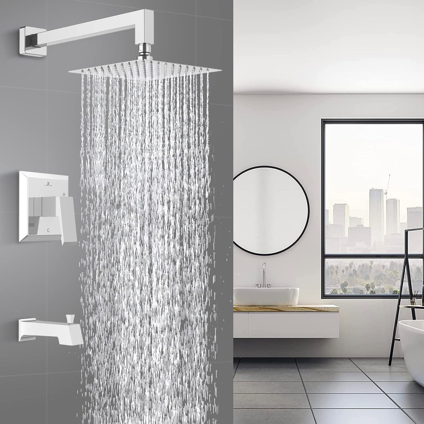 HOMELODY Chrome Shower Faucet Set Bathroom High Pressure Square Rain Shower Head and Handle Set, Wall Mounted Luxury Rainfall Shower Complete Combo Set, Shower Fixtures (Contain Shower Valve)