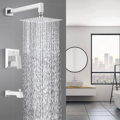HOMELODY Chrome Shower Faucet Set Bathroom High Pressure Square Rain Shower Head and Handle Set, Wall Mounted Luxury Rainfall Shower Complete Combo Set, Shower Fixtures (Contain Shower Valve)