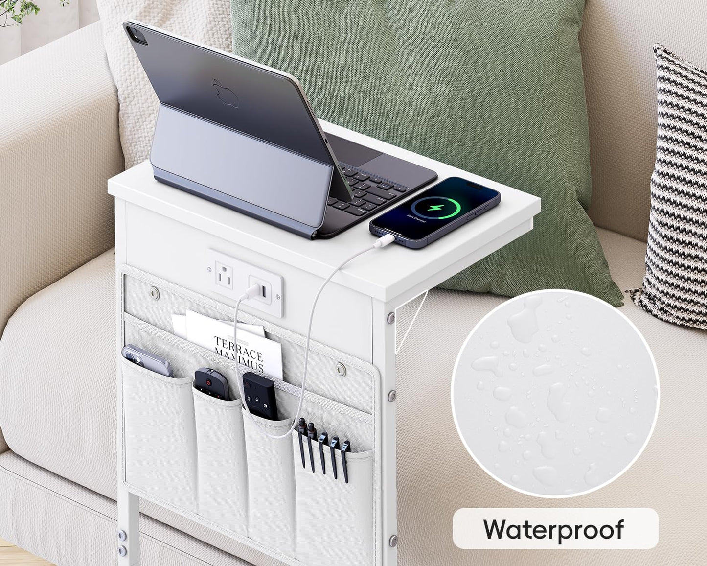 C Shaped End Table with Charging Station
