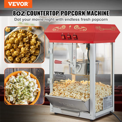 VEVOR Commercial Popcorn Machine, 8 Oz Kettle, 850 W Countertop Popcorn Maker for 48 Cups per Batch, Theater Style Popper with 3-Switch Control Steel Frame Tempered Glass Doors 2 Scoops 2 Spoons, Red