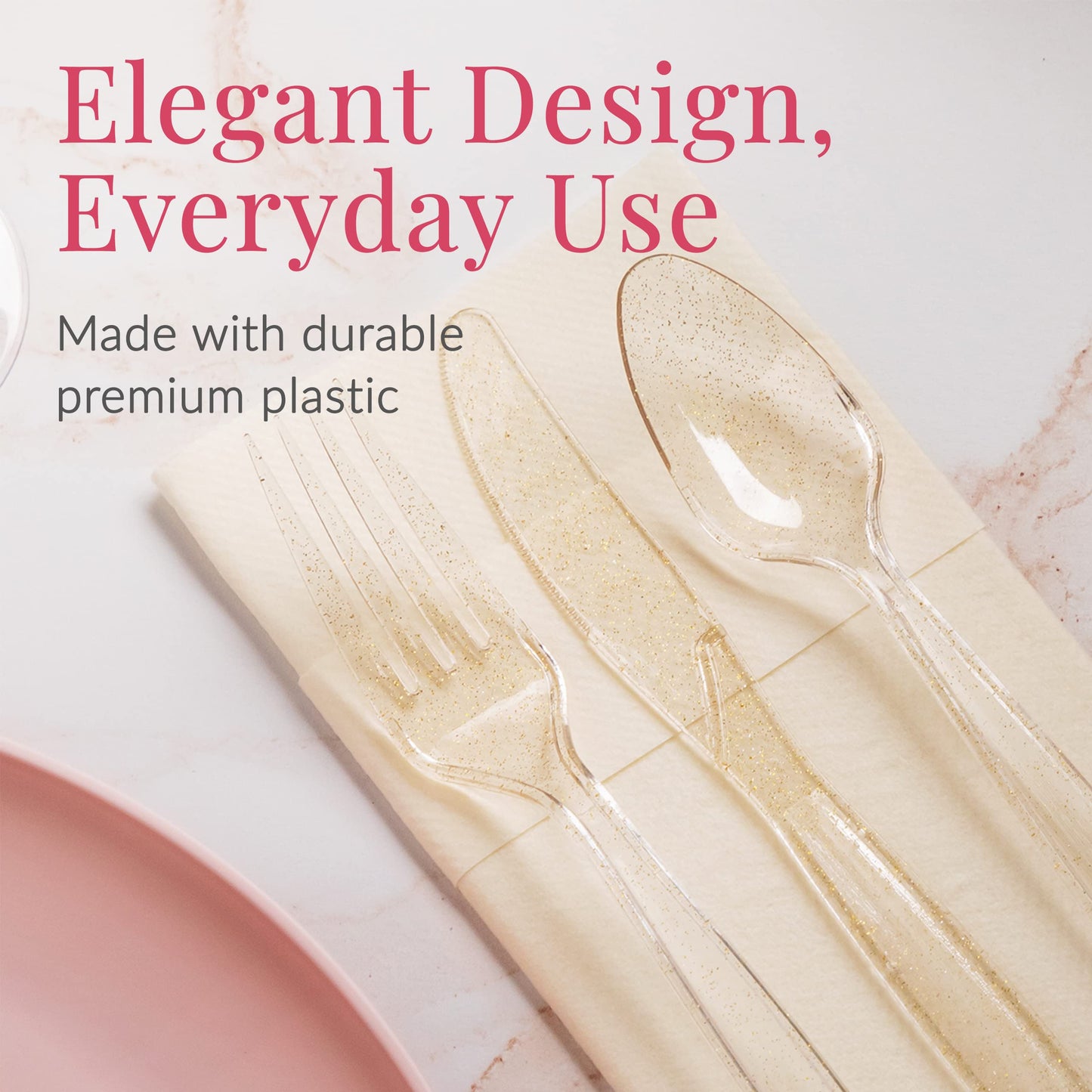 Prestee 180 Gold Plastic Silverware Cutlery Set, Glitter Gold Utensils, Plastic Cutlery Set, Disposable Silverware Flatware Set, 60 Gold Forks, 60 Gold Spoons, 60 Gold Knives, Fancy Party Utensils