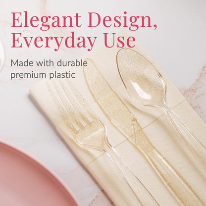 Prestee 180 Gold Plastic Silverware Cutlery Set, Glitter Gold Utensils, Plastic Cutlery Set, Disposable Silverware Flatware Set, 60 Gold Forks, 60 Gold Spoons, 60 Gold Knives, Fancy Party Utensils