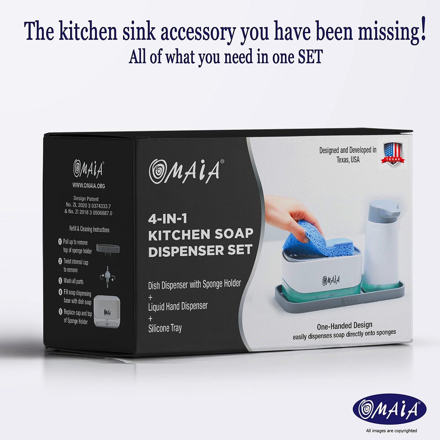 OMAIA 4-in-1 Dish Soap Dispenser Set with Sponge Holder and Liquid Hand Soap Dispenser and Silicone Tray - Countertop Organizer - Useful Kitchen Gadgets