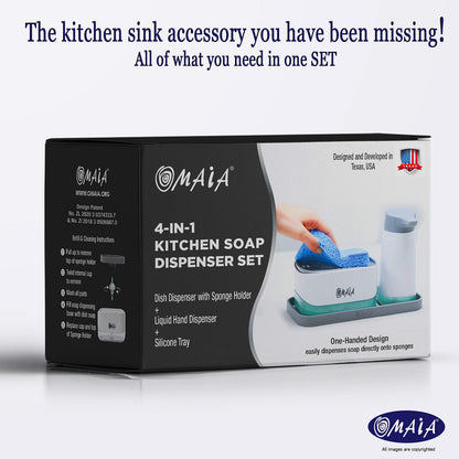 OMAIA 4-in-1 Dish Soap Dispenser Set with Sponge Holder and Liquid Hand Soap Dispenser and Silicone Tray - Countertop Organizer - Useful Kitchen Gadgets
