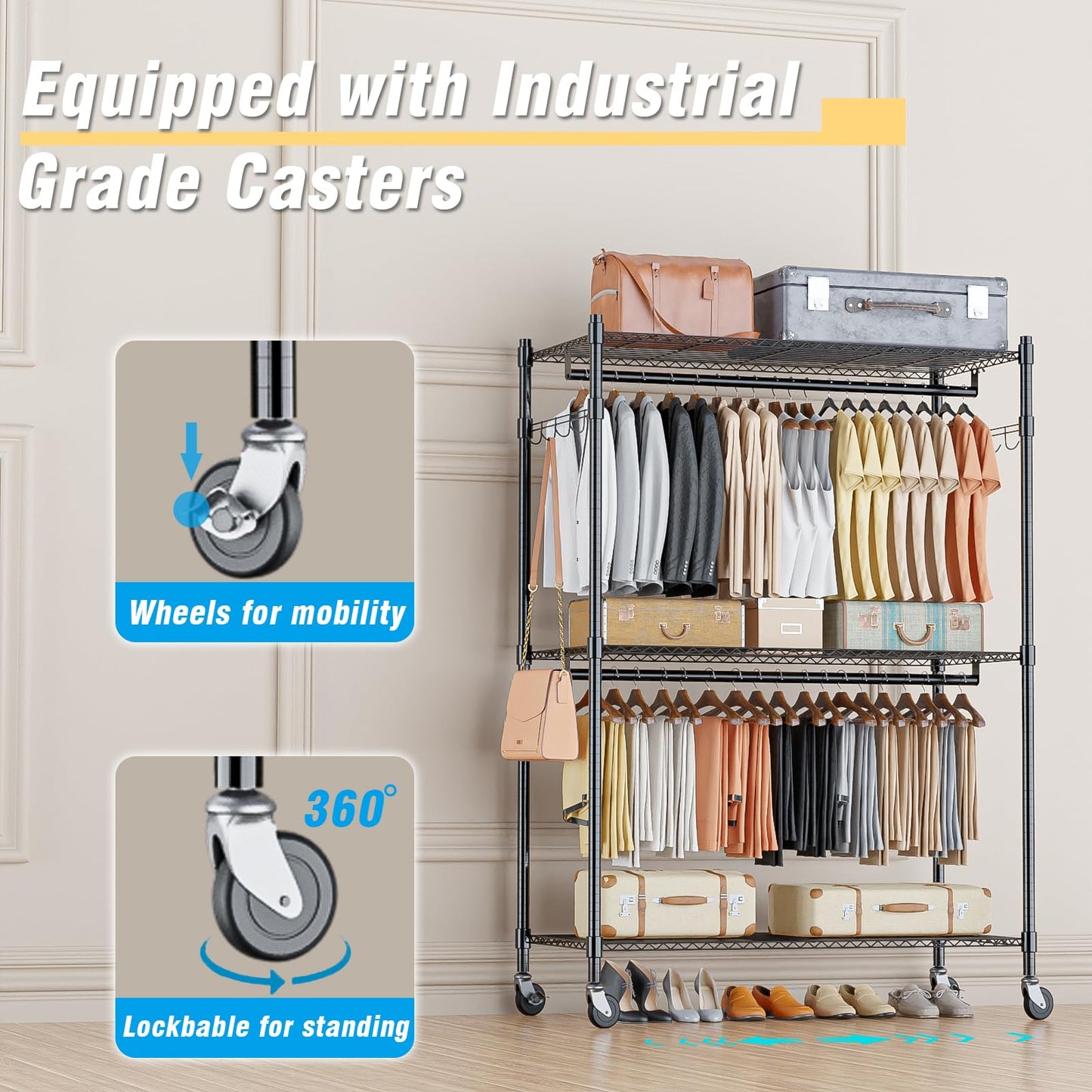 3-Tier Heavy Duty Garment Rack with Wheels