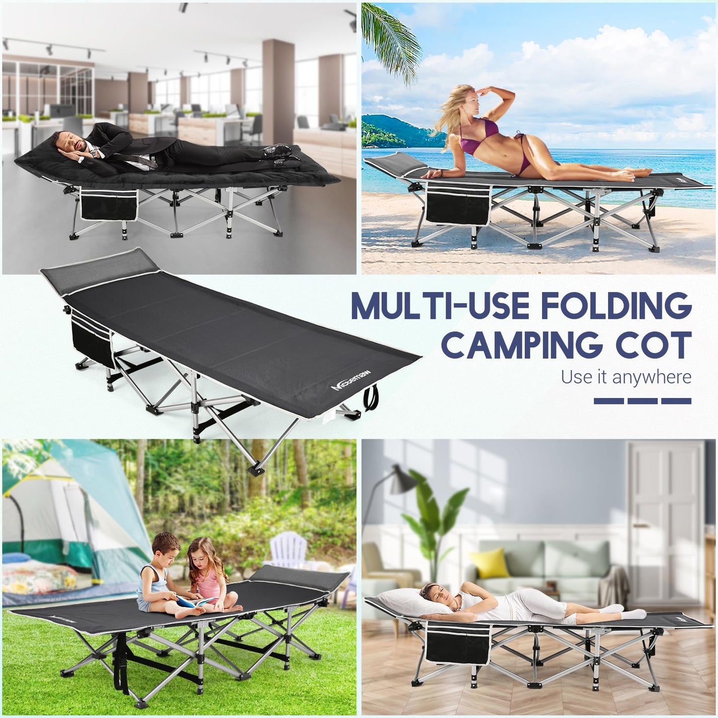Nictemaw Folding Camping Cot for Adults, Max Load 900 LBS Heavy Duty Sleeping Cots with Carry Bag and Velvet Cot Pad for Camp, Home, Office, Outdoor, Black (Newest)