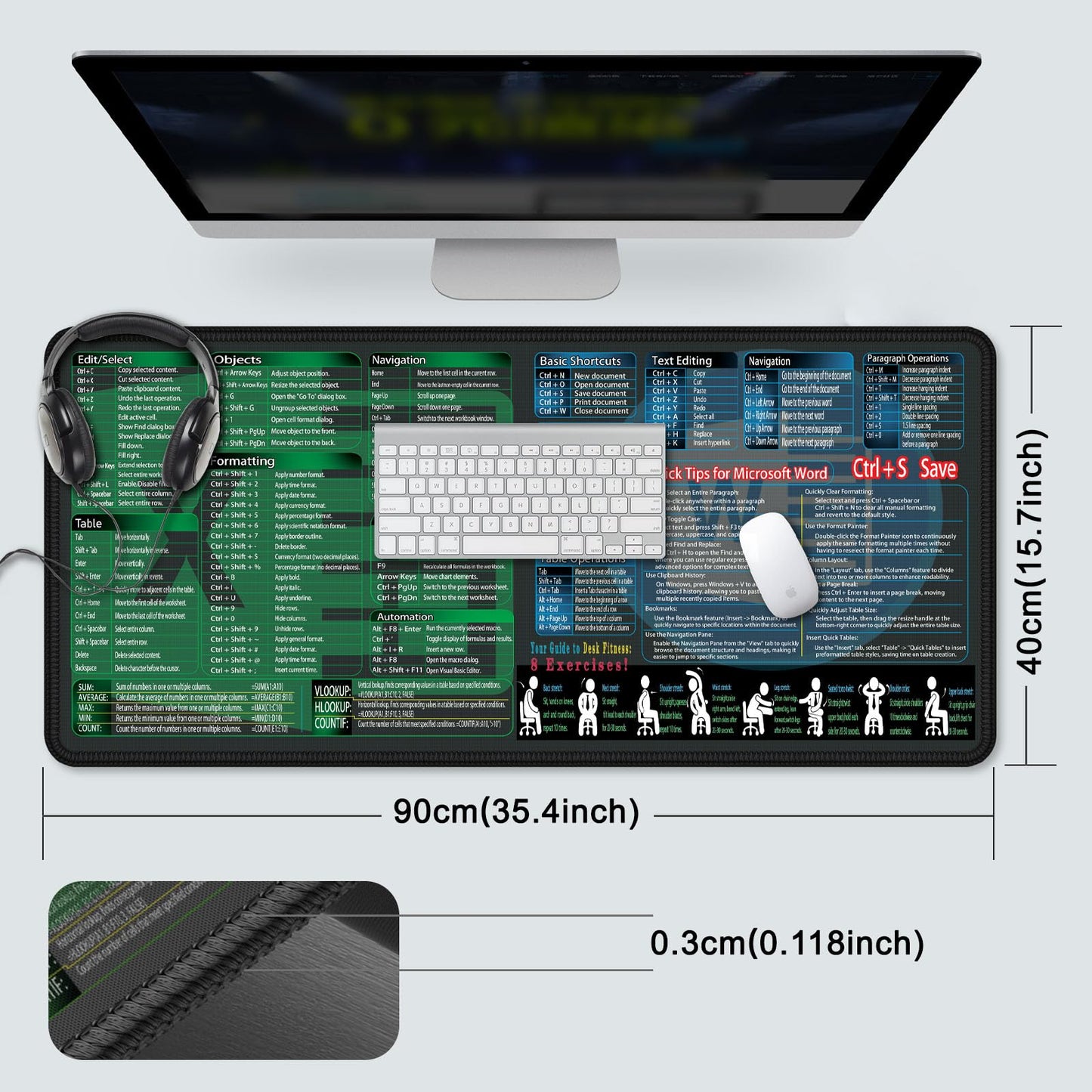 XXL Mouse Pad with Excel & Word Shortcuts