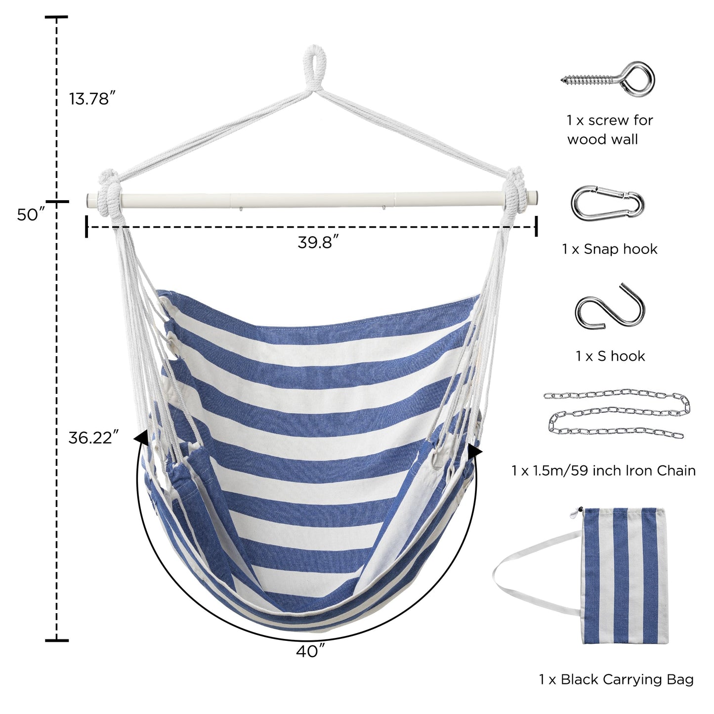 Jelofly Hammock Chair Large Hanging Rope Swing Seat Chair with Pocket Max 350 Lbs Superior Comfortable for Indoor Outdoor Home Bedroom Garden, Seat Cushions Not Included (Blue and White)