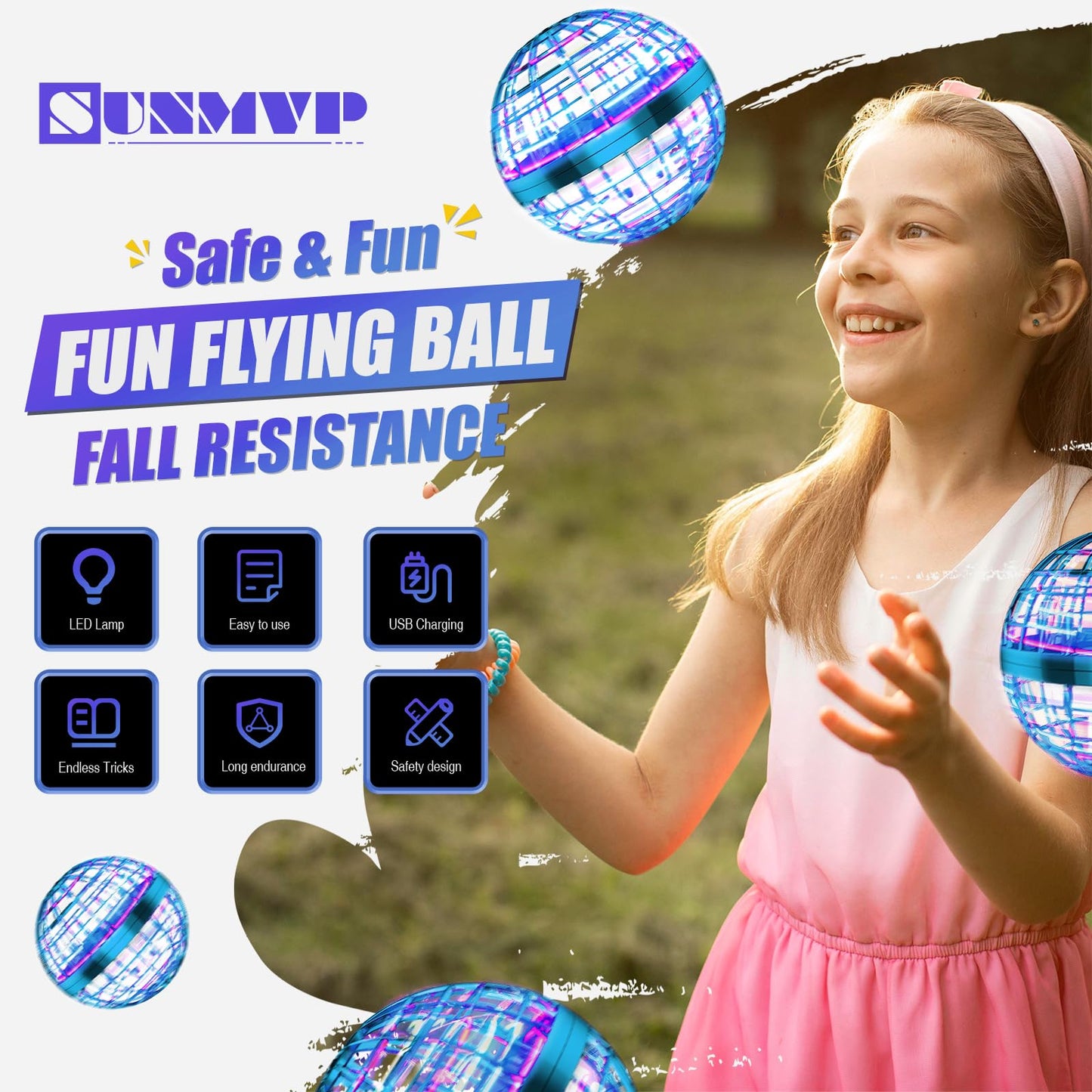 Unyfu Flying Orb Ball Toy, Galaxy Boomerang Hover Ball Led Lights Mini Drone Globe Hand Controlled Flying Ball Toys Cool Toys Gift for 6 7 8 9 10+ YearOld Boys Girls Teens Outdoor Toys(Blue)