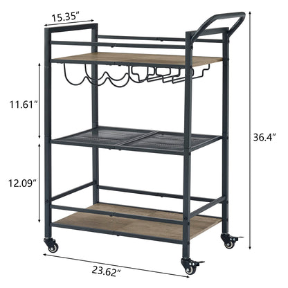 Tajsoon 3-Tier Bar Cart, Mobile Bar Serving Cart, Industrial Style Wine Cart for Kitchen, Beverage Cart with Wine Rack and Glass Holder, Rolling Drink Trolley for Living Room, Grey & Black