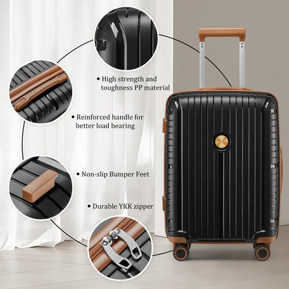 Joyway Luggage Sets 5 Piece Suitcase Set, PP Hardshell Carry on Suitcase Set, Travel Suitcases with Double Spinner Wheels and TSA Lock, Black Brown