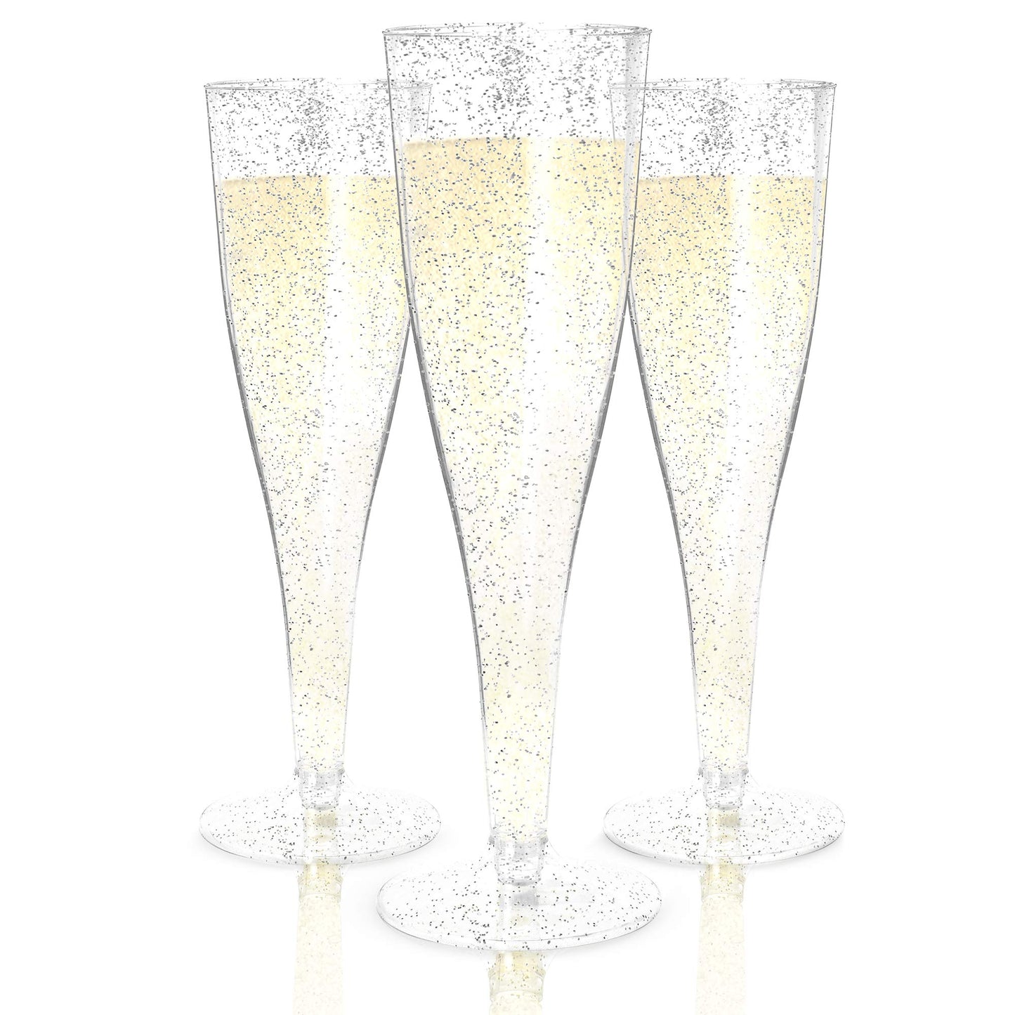 Prestee 100 Pack Plastic Champagne Flutes Disposable - Durable Silver Glitter Champagne Glasses 4.5 oz - Ideal for Parties, Weddings, Mimosa Bar, and Celebrations - Elegant Single Use Party Glasses