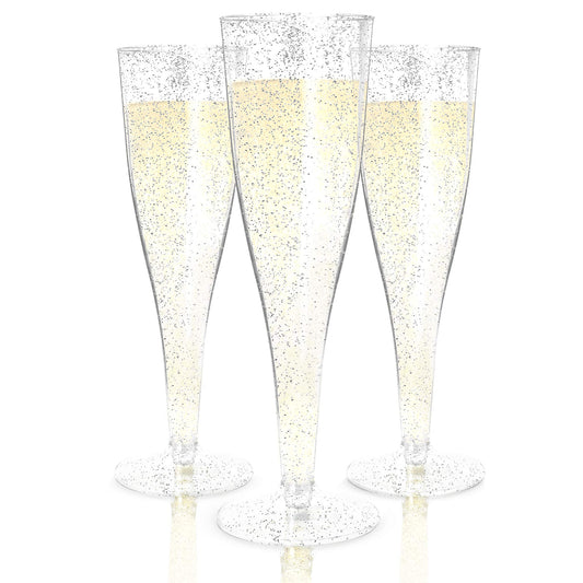 Prestee 100 Pack Plastic Champagne Flutes Disposable - Durable Silver Glitter Champagne Glasses 4.5 oz - Ideal for Parties, Weddings, Mimosa Bar, and Celebrations - Elegant Single Use Party Glasses