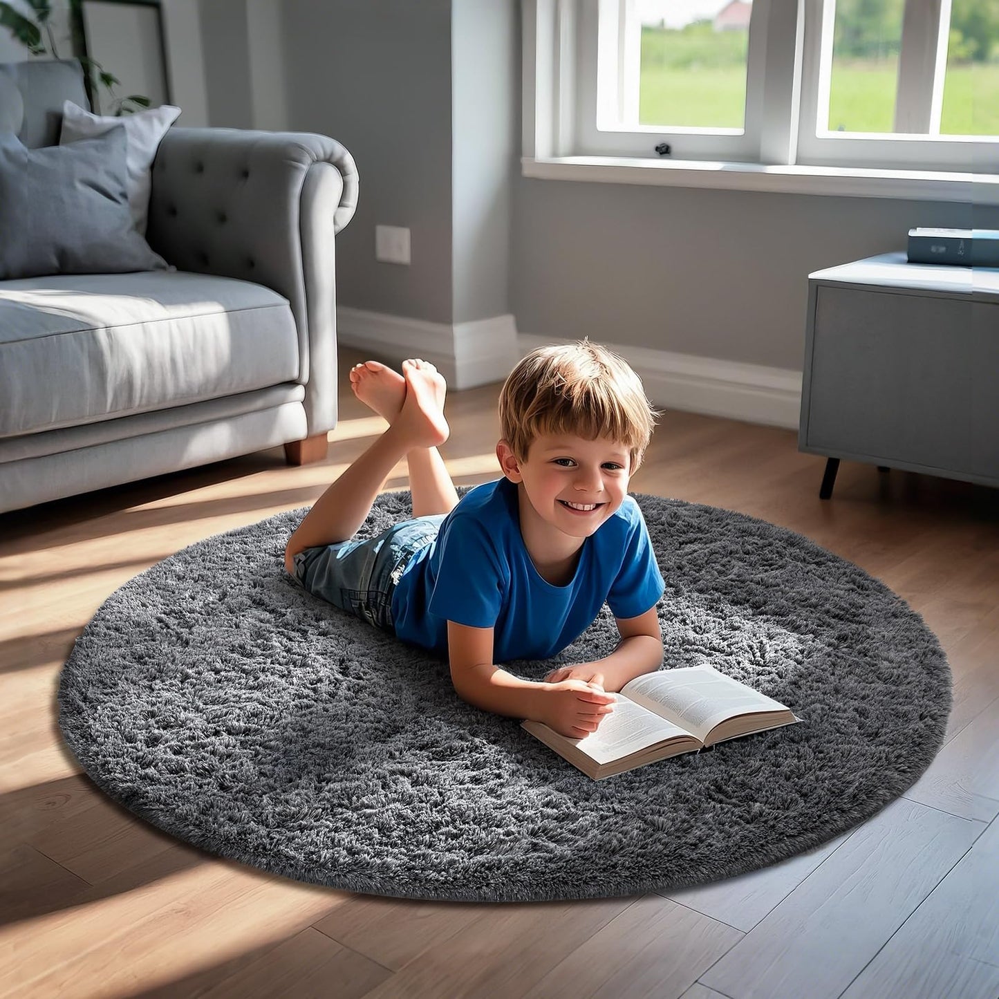 Ophanie Fluffy Grey Round Area Rug 4Ft