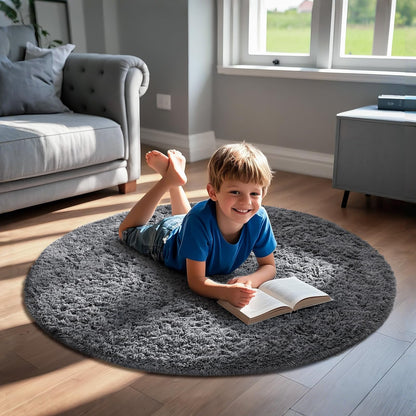 Ophanie Fluffy Grey Round Area Rug 4Ft