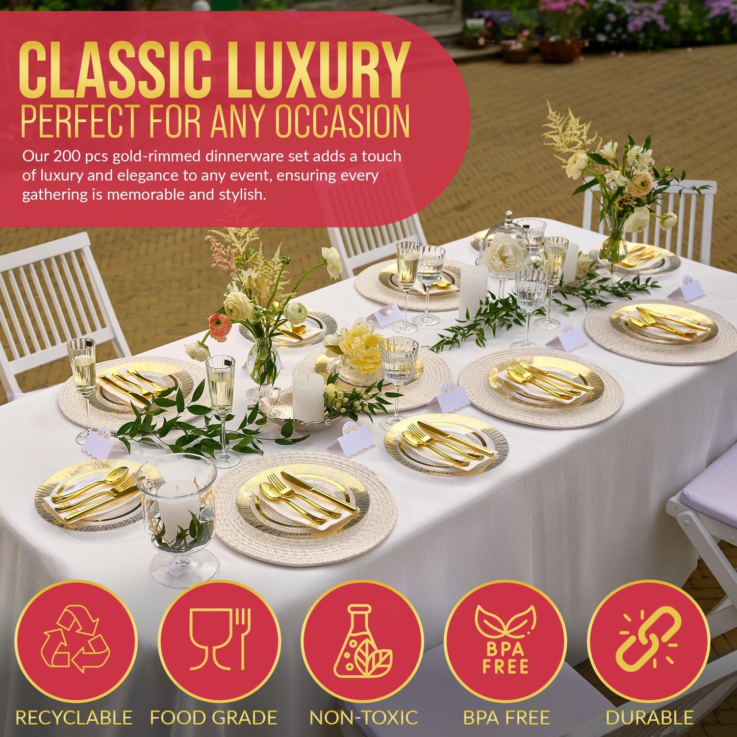 Gold Plastic Plates and Napkins for 25 Guests
