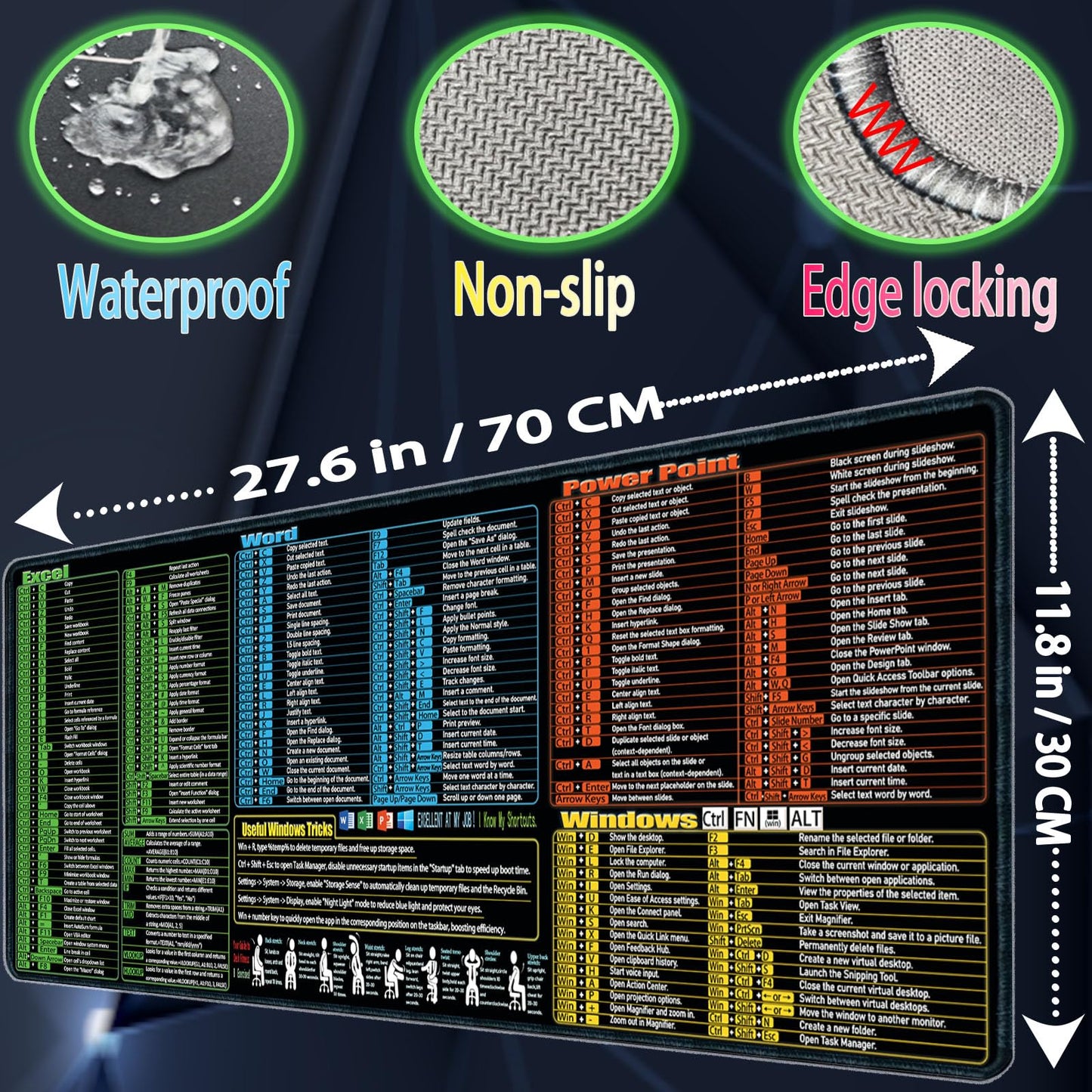Large Waterproof Mouse Pad with Keyboard Shortcuts