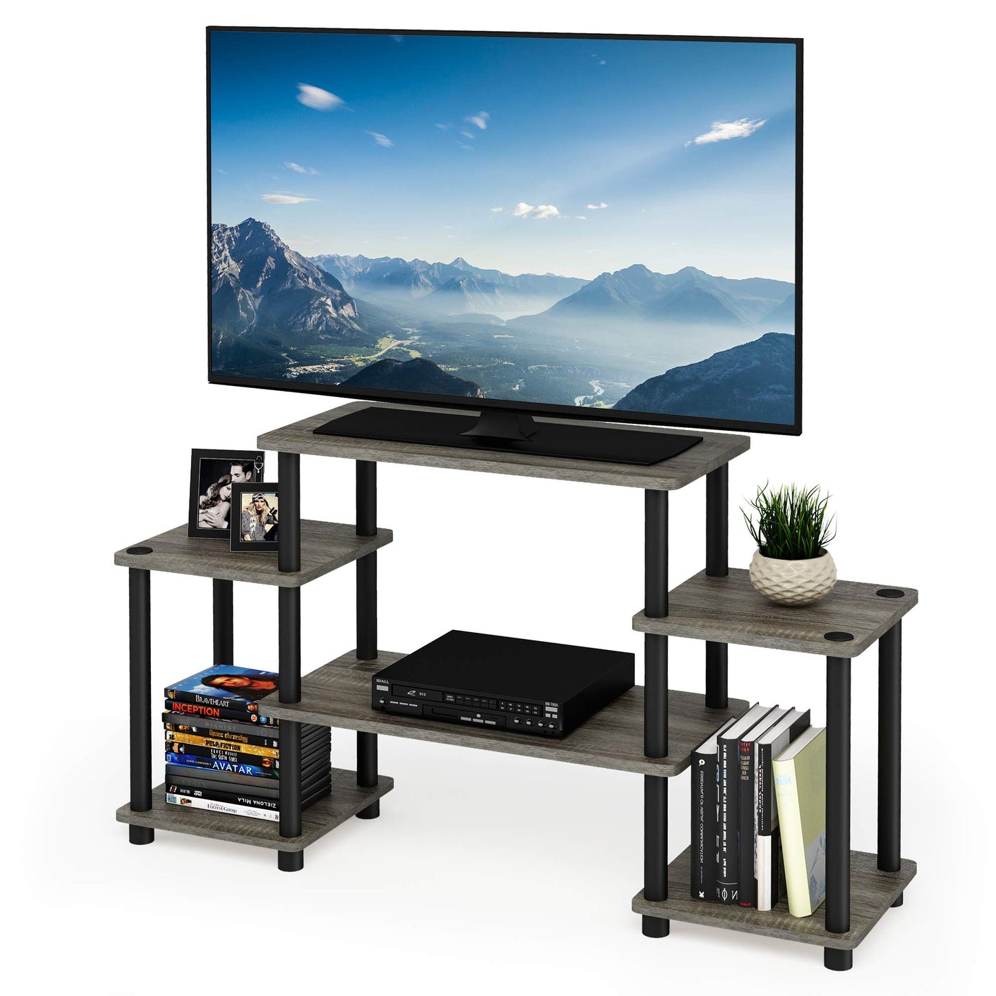 Furinno Turn-N-Tube No Tools Entertainment Center, Round Square Corner, French Oak Grey/Black