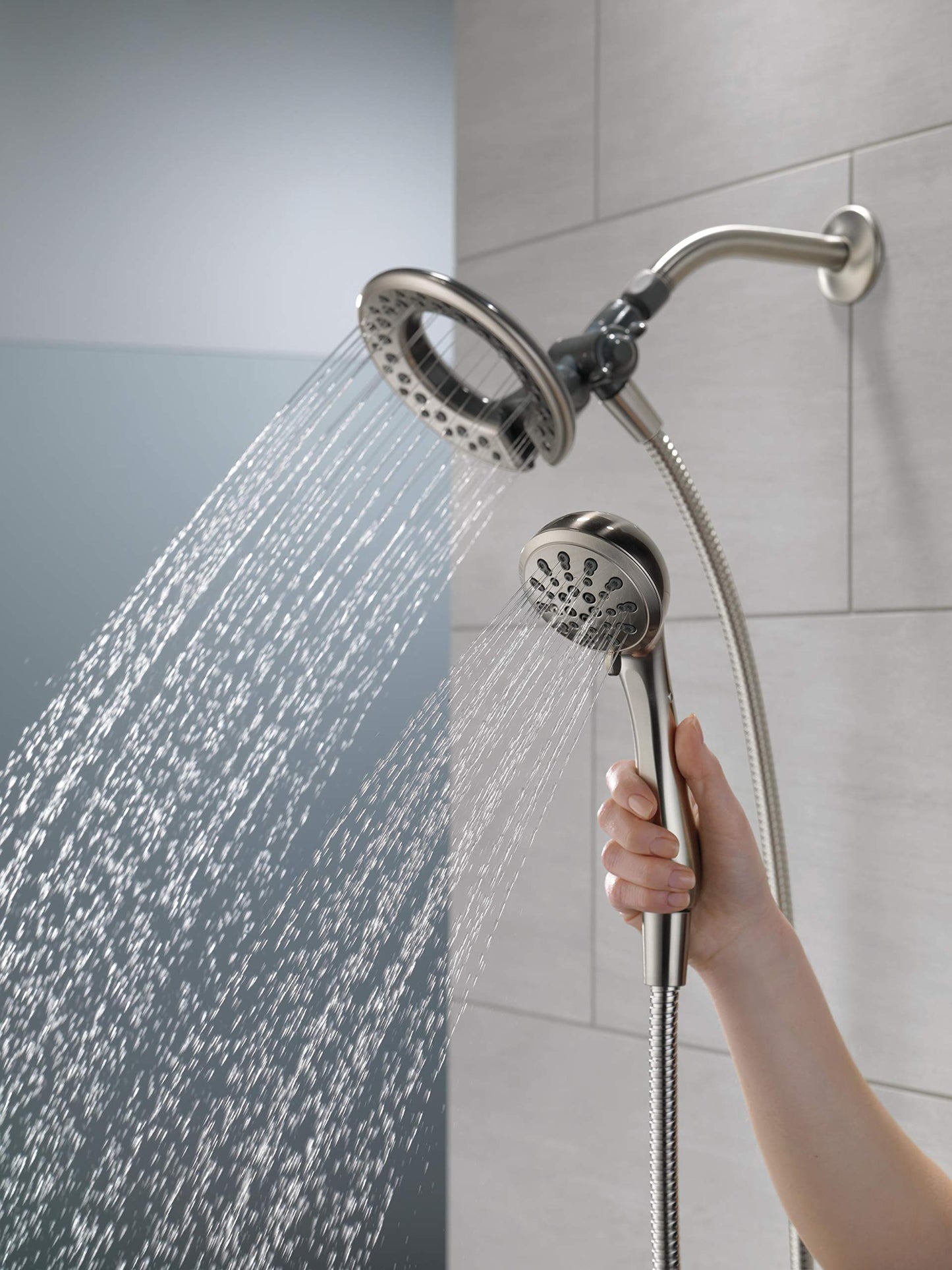 Delta Faucet 4-Setting In2ition 2-in-1 Dual Shower Head with Handheld, Brushed Nickel Round Shower Head with Hose, Detachable Shower Head, Hand Held Shower Head, SpotShield Stainless 75486CSN