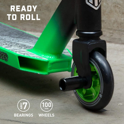 Mongoose Rise 100 Pro Freestyle Stunt/Trick Scooter, Lightweight Alloy Deck & Heavy-Duty Frame Up to 220 lbs., T-Bar Handlebar w/ Bike-Style Grip, High Impact 100mm Wheels, Black/Green