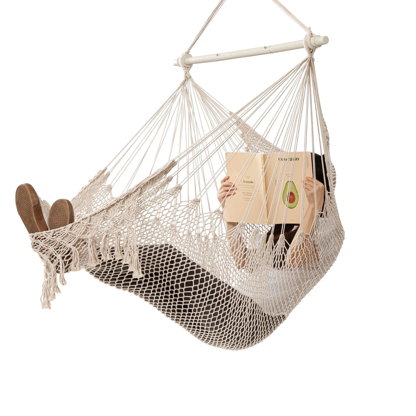 HBlife Hammock Chair Max 330 LBS Macrame Hanging Chair with Portable Metal Rod Handwoven Cotton Rope Hammock Swing for Bedroom Beige, Large