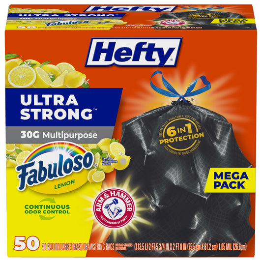 Hefty Ultra Strong 30 Gallon Trash Bags, Large Trash Bags 30 Gallon Size, Multipurpose, Break Resistant Drawstring Closure, Resists Leaks, Punctures, and Tears, Black, Fabuloso Lemon Scent, 50 Bags