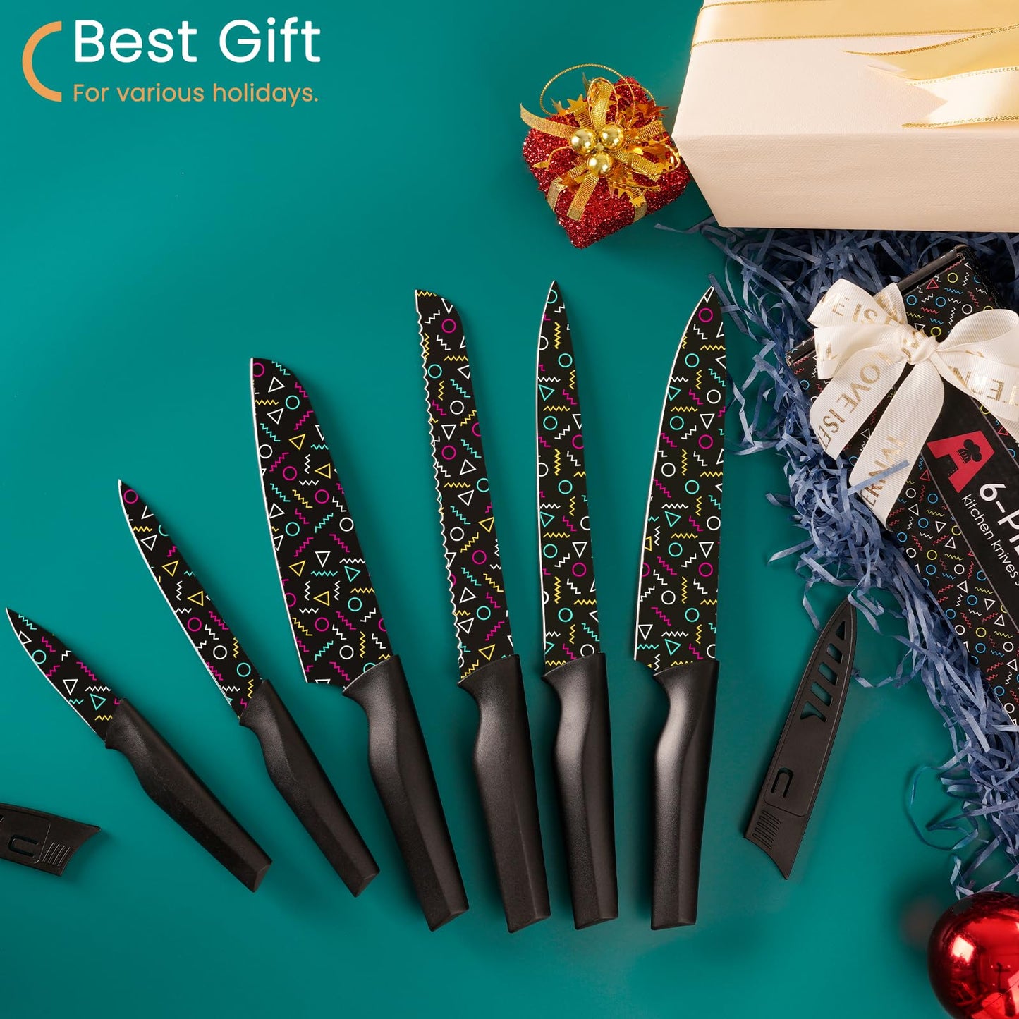 Astercook Knife Set, 12 Pcs Geometric Figure Kitchen Knife Set, 6 Anti-Rust Coating Stainless Steel Kitchen Knives with 6 Blade Guards, Dishwasher Safe