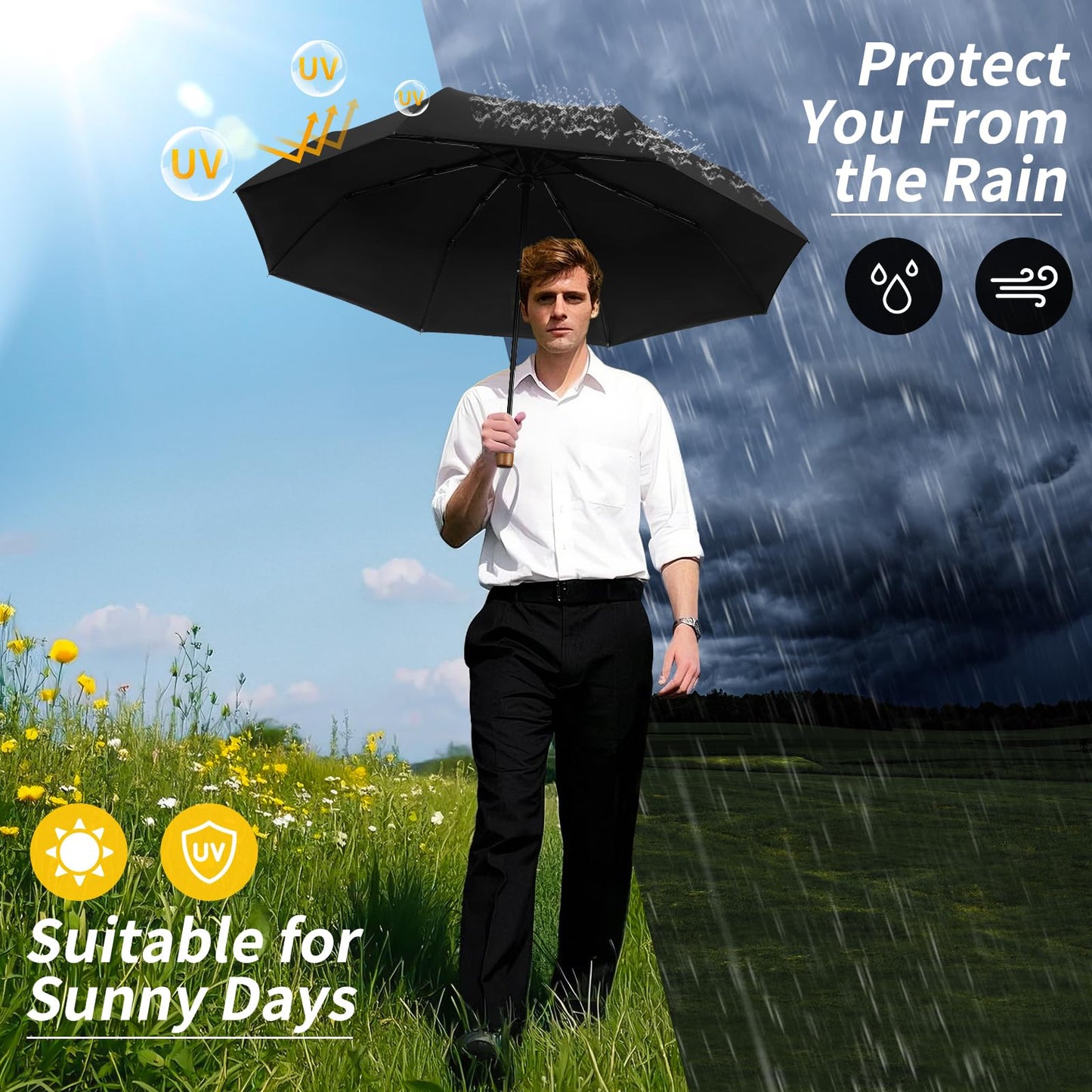 Windproof Travel Umbrella with Wood Handle