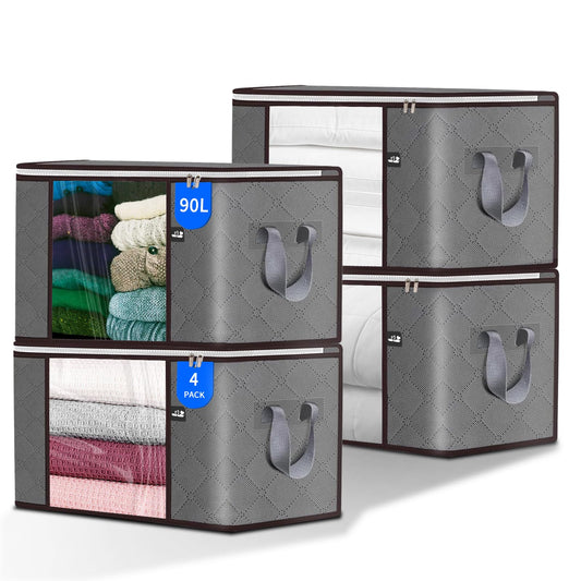 90L Large Storage Bag, 4 Pack Foldable Blanket Storage Bins, Clothing Storage Bins, Foldable Clothes Organizer and Storage Containers with Lids and Handle for Organizing Bedroom, Closet, Clothing
