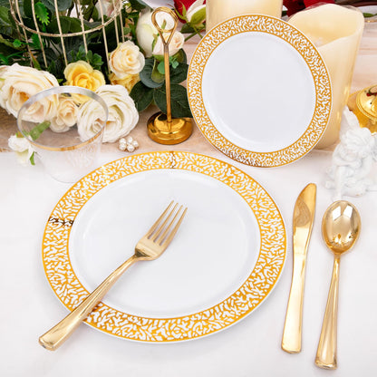 GATHER 300Pcs Gold Plates-Gold Plastic Dinnerware for 50 Guests-Disposable Lace Plates for Party Include: 100 Gold Plastic Plates Disposable, 50 Gold Silverware, 50 Cup for Mother's Day
