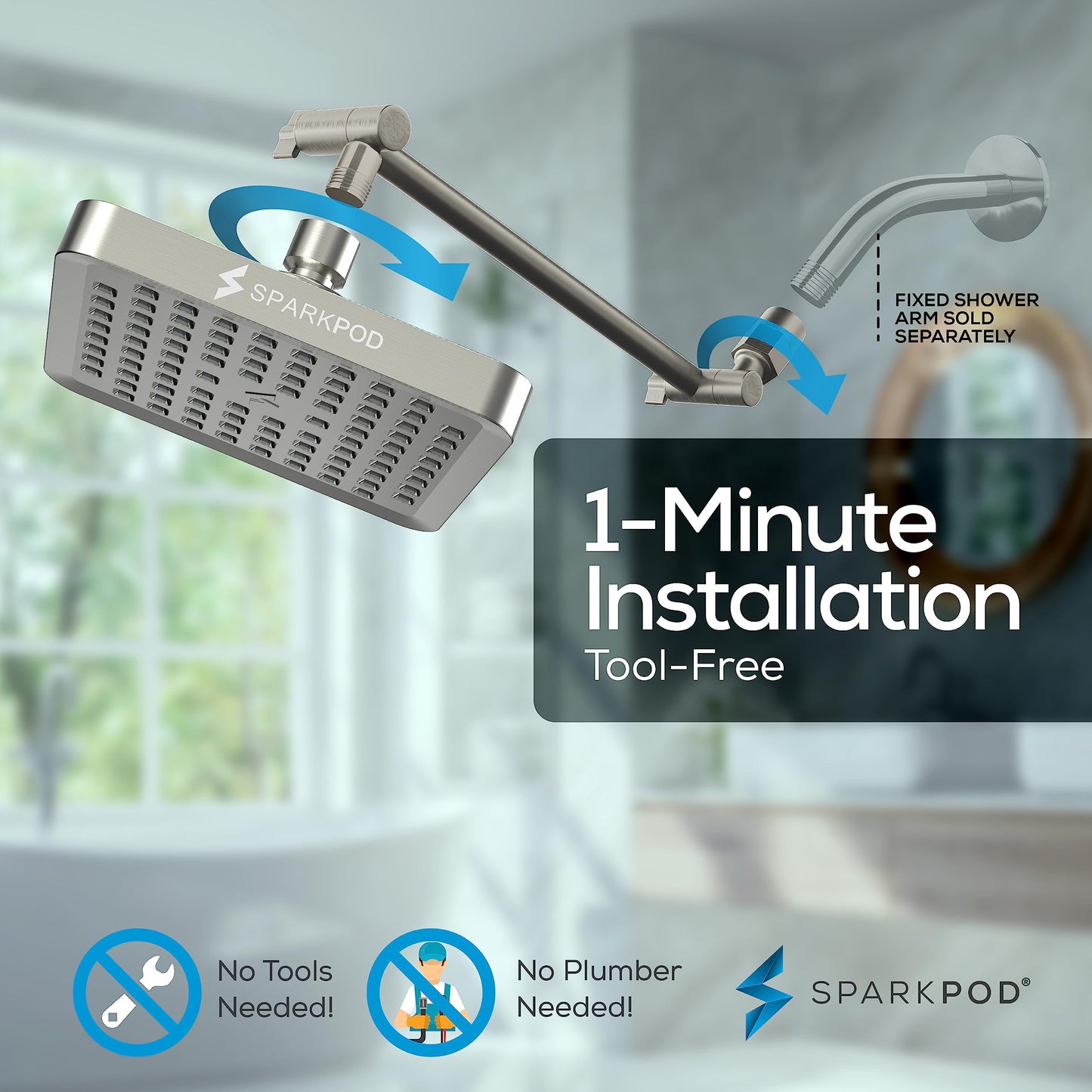 SparkPod Square Rain Shower Head with Shower Head Extension Arm - High Pressure Rain - Luxury Modern Look - No Hassle Tool-less 1-Min Installation (11" Shower Arm Extension, Elegant Brushed Nickel)