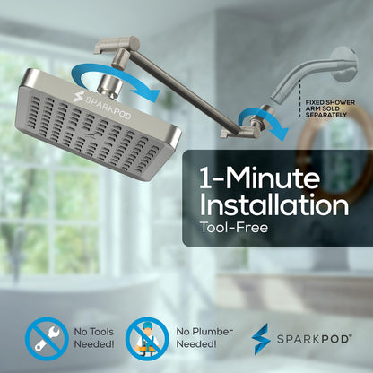 SparkPod Square Rain Shower Head with Shower Head Extension Arm - High Pressure Rain - Luxury Modern Look - No Hassle Tool-less 1-Min Installation (11" Shower Arm Extension, Elegant Brushed Nickel)