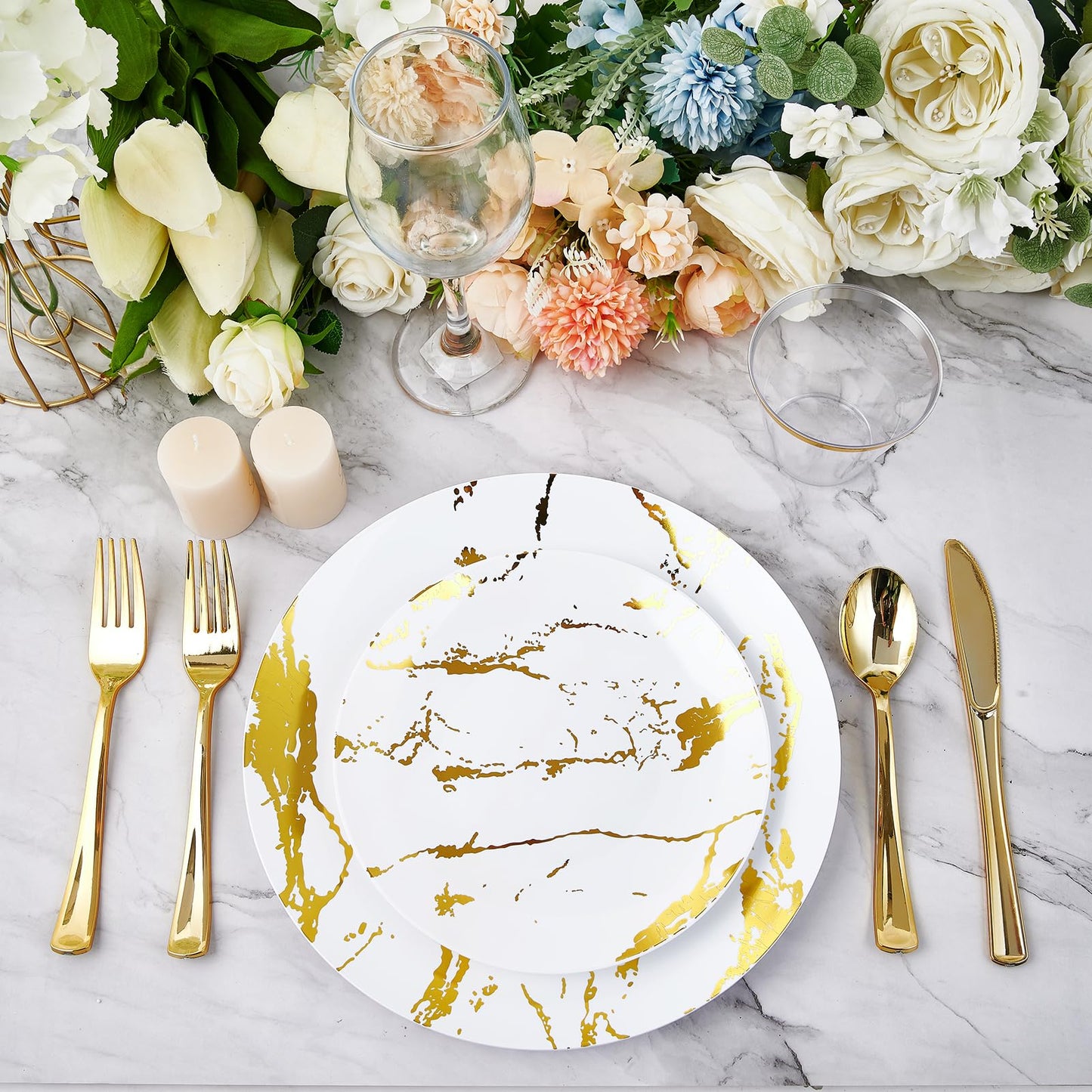 JOLLY PARTY 180PCS Disposable Dinnerware Set 30 Guest, 60 White and Gold Plastic Plates, 30 Plastic Silverware, 30 Plastic Cups, Marble Design Dinnerware for Wedding and Parties