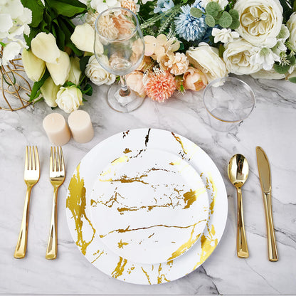 JOLLY PARTY 180PCS Disposable Dinnerware Set 30 Guest, 60 White and Gold Plastic Plates, 30 Plastic Silverware, 30 Plastic Cups, Marble Design Dinnerware for Wedding and Parties