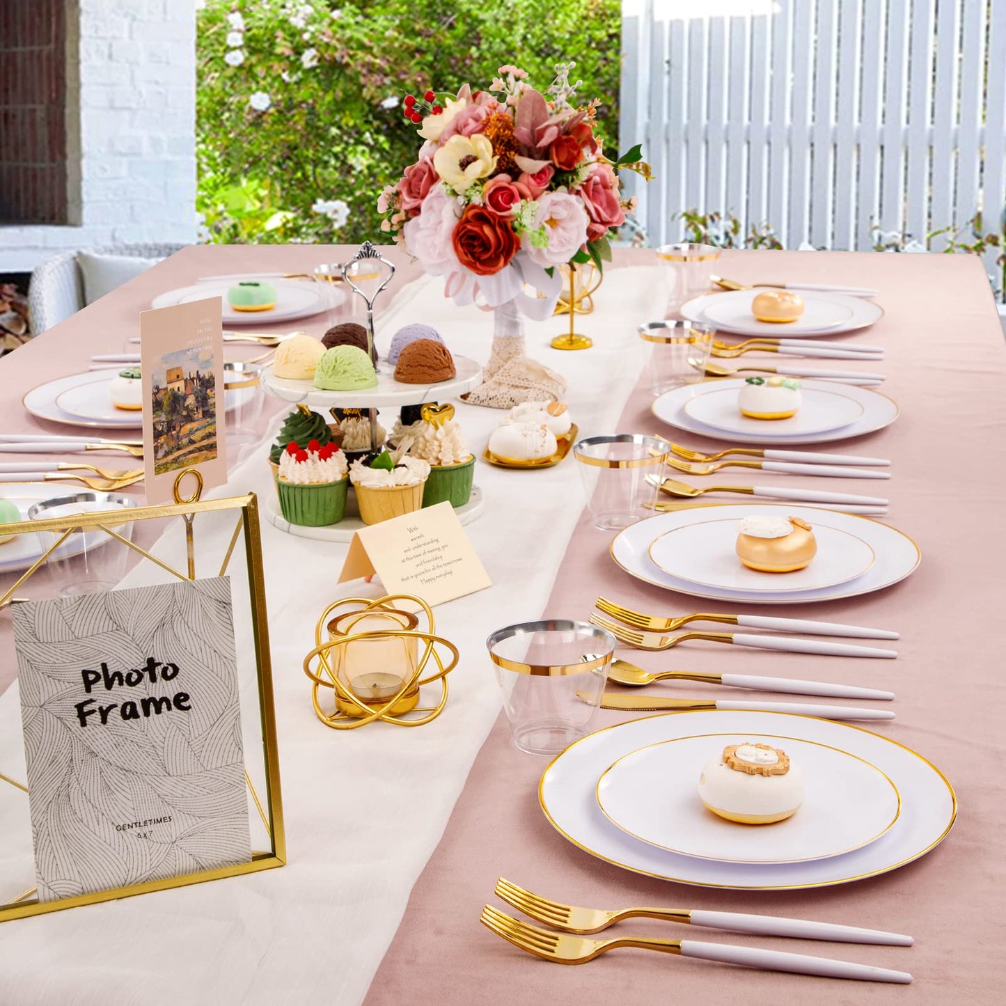 LIYH 180pcs Gold Plastic Dinnerware,White and Gold Plastic Plates,Gold Plastic Disposable Utensils,Disposable Gold Cups Suit for Wedding Party Birthday 30 Guests