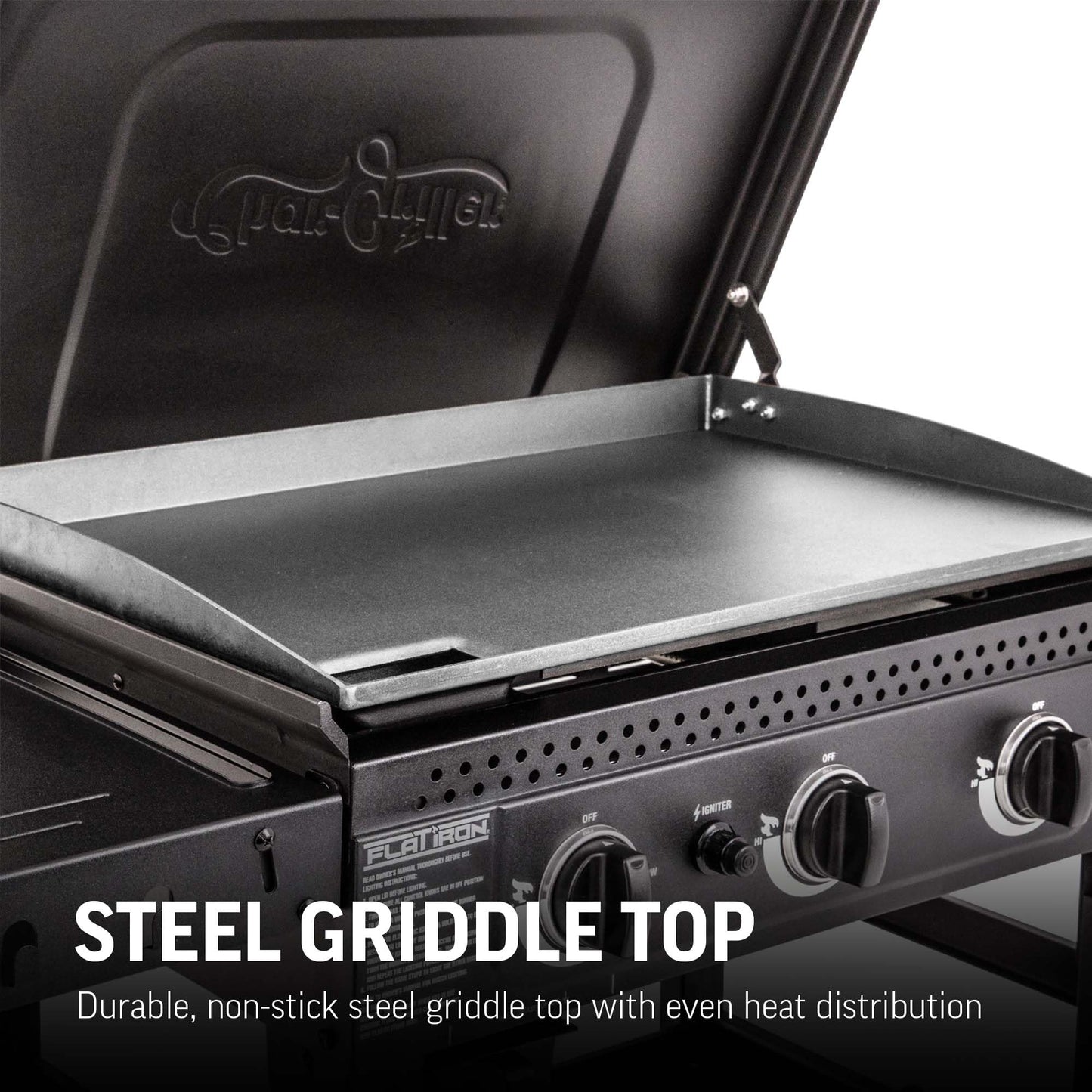 Char-Griller® Flat Iron 4-Burner Propane Gas Flat-Top Griddle with Steel Griddle Top, Wind Guards and Removable Lid, 775 Cooking Square Inches in Black, Model 8036