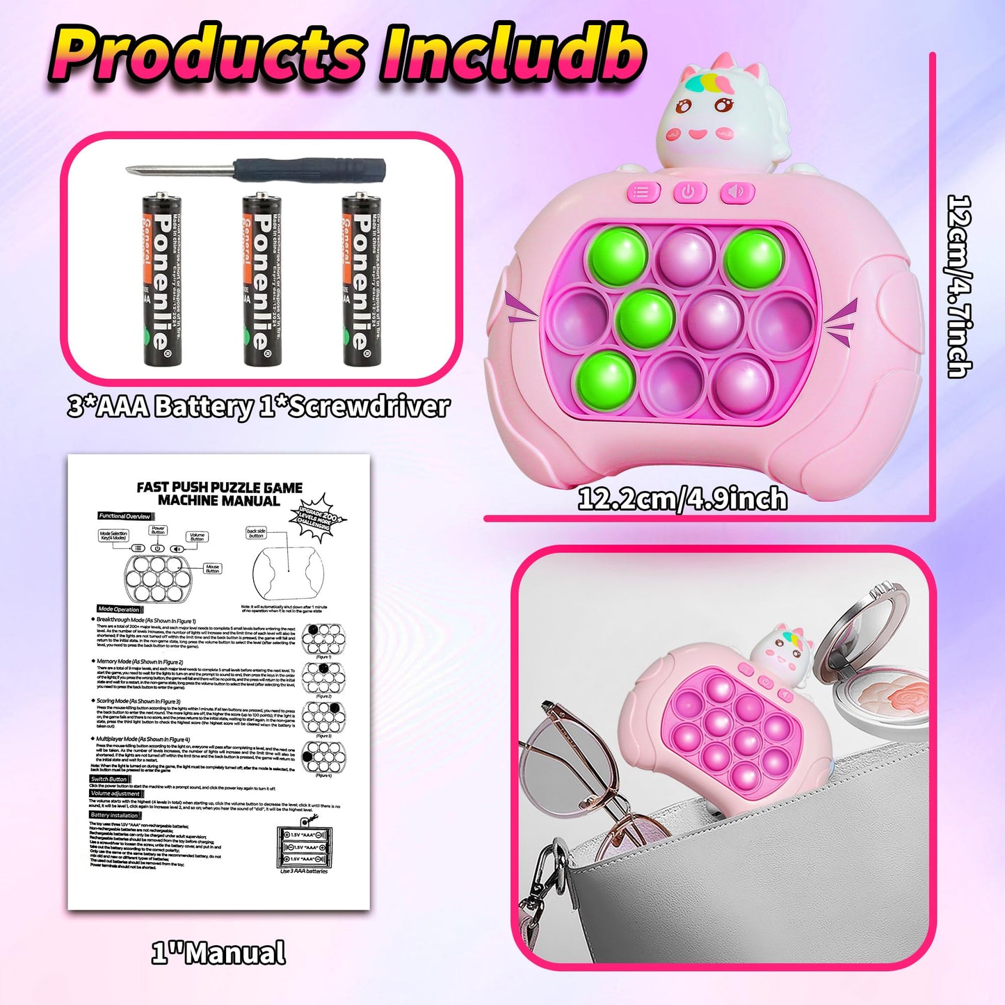 Fast Push Bubble Game,Rainbow Pop Fidget Toys for Kids, Handheld Light Up Popping Game with 4 Game Modes Funny Toys, Gift Idea for 6-12 8-12 Kids Puzzle Game Sensory Toys (Pink Uni-Corn)