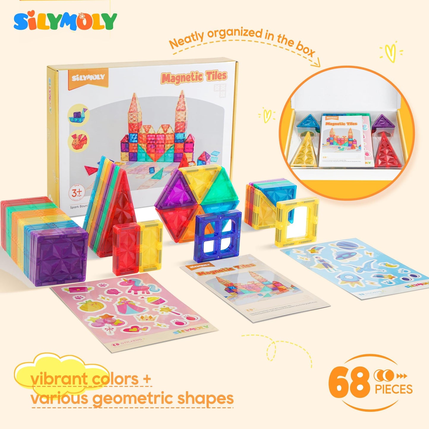 SILYMOLY Magnetic Tiles, Magnetic Blocks, Magnet Building Tiles, Toys for Kids Ages 1 3 5 8 Ages, Magnetic Toys Playboards, STEM Toys Preschool, Rainbow Colors, Snowflake Design