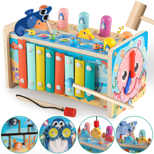 GENTEACO 7 in 1 Hammering Pounding Toy Wooden Montessori Toys for 3 Year Old, Sensory Toys with Xylophone and Fishing Game for Toddlers 1-3, Educational Learning Toys for Kids Activities Gift