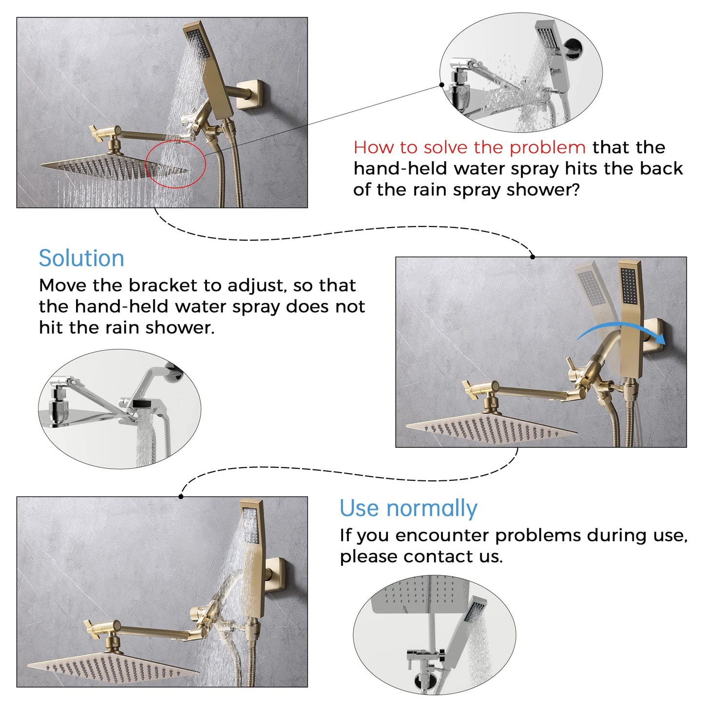 G-Promise All Metal 8-Inch Dual Square Shower Head Combo, Rain Shower Head, Handheld Shower Wand with 71-Inch Extra Long Hose, 3-Way Diverter, Adjustable Extension Arm, Brushed Gold