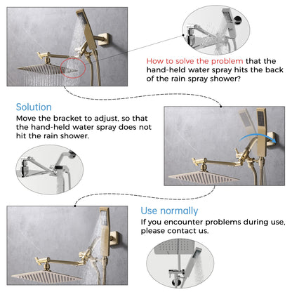 G-Promise All Metal 8-Inch Dual Square Shower Head Combo, Rain Shower Head, Handheld Shower Wand with 71-Inch Extra Long Hose, 3-Way Diverter, Adjustable Extension Arm, Brushed Gold