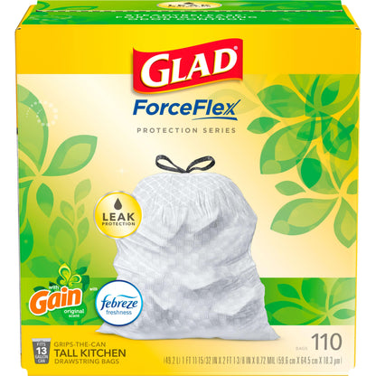 GLAD ForceFlex Tall Kitchen Drawstring Trash Bags, 13 Gallon White Trash Bag for Kitchen Trash Can, Gain Original Scent, Odor Shield, Odor Eliminator, Leak Protection, 110 Count