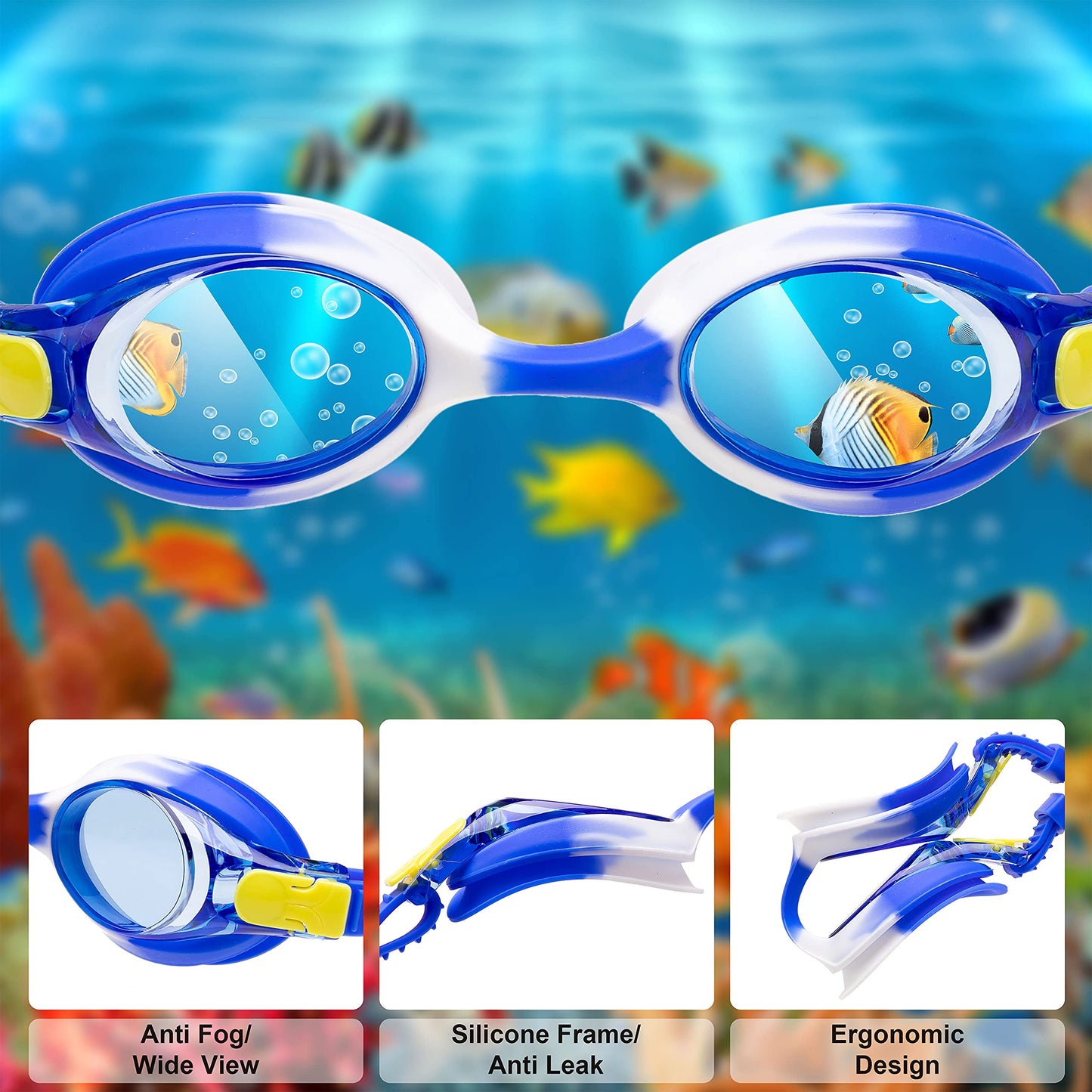 Sloosh Kids Swim Goggles (2 Pack), Swimming Goggles No Leaking Wide View Anti-Fog Anti-UV for Boys & Girls Teens (Black & Blue)