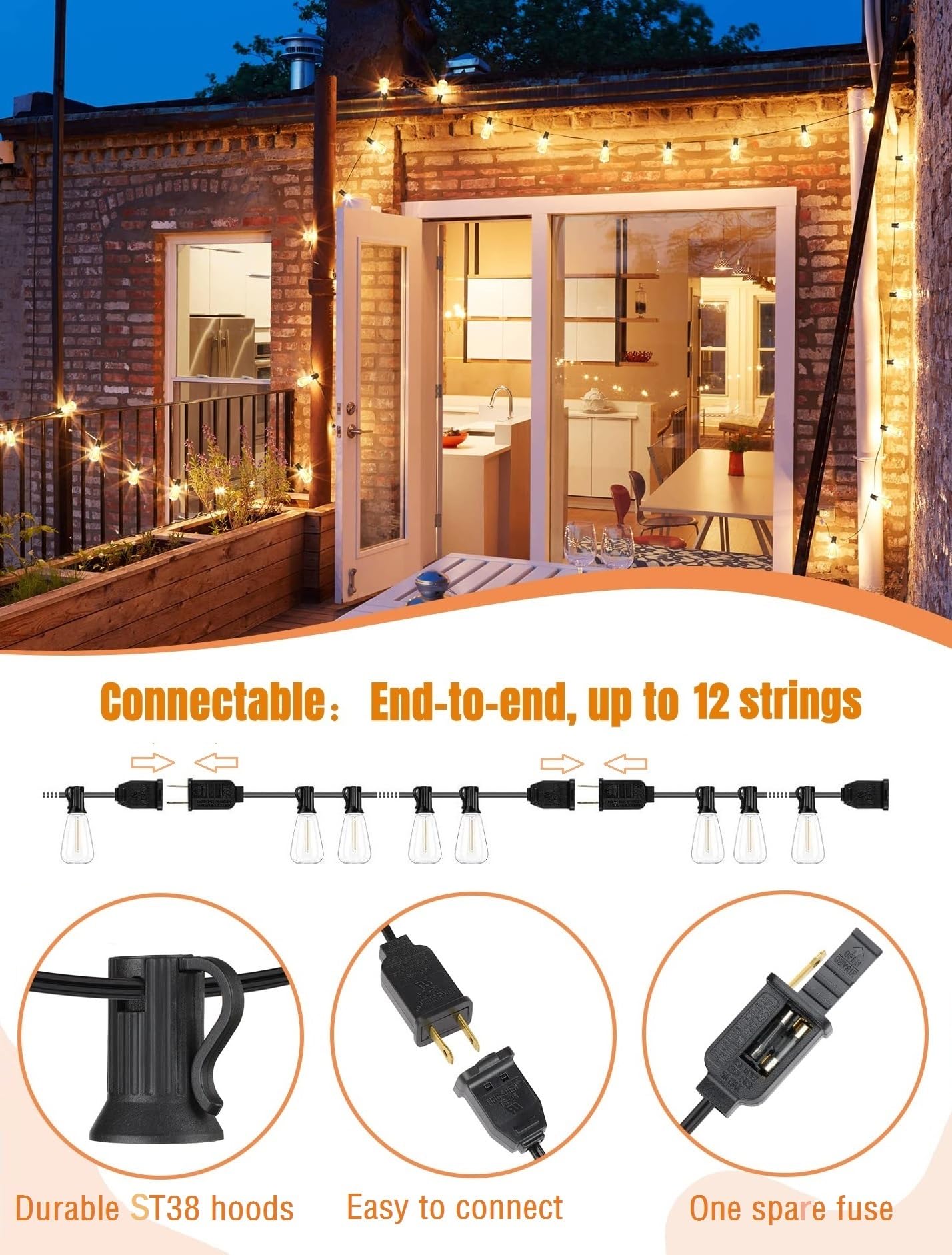 YUVITA 50FT Outdoor String Light, ST38 LED Patio Lights Waterproof with 25+2 Vintage Bulbs Shatterproof Energy Saving, 2700K Outside Hanging Edison Bulbs Lighting for Backyard,Bistro, Camping,Gazebo