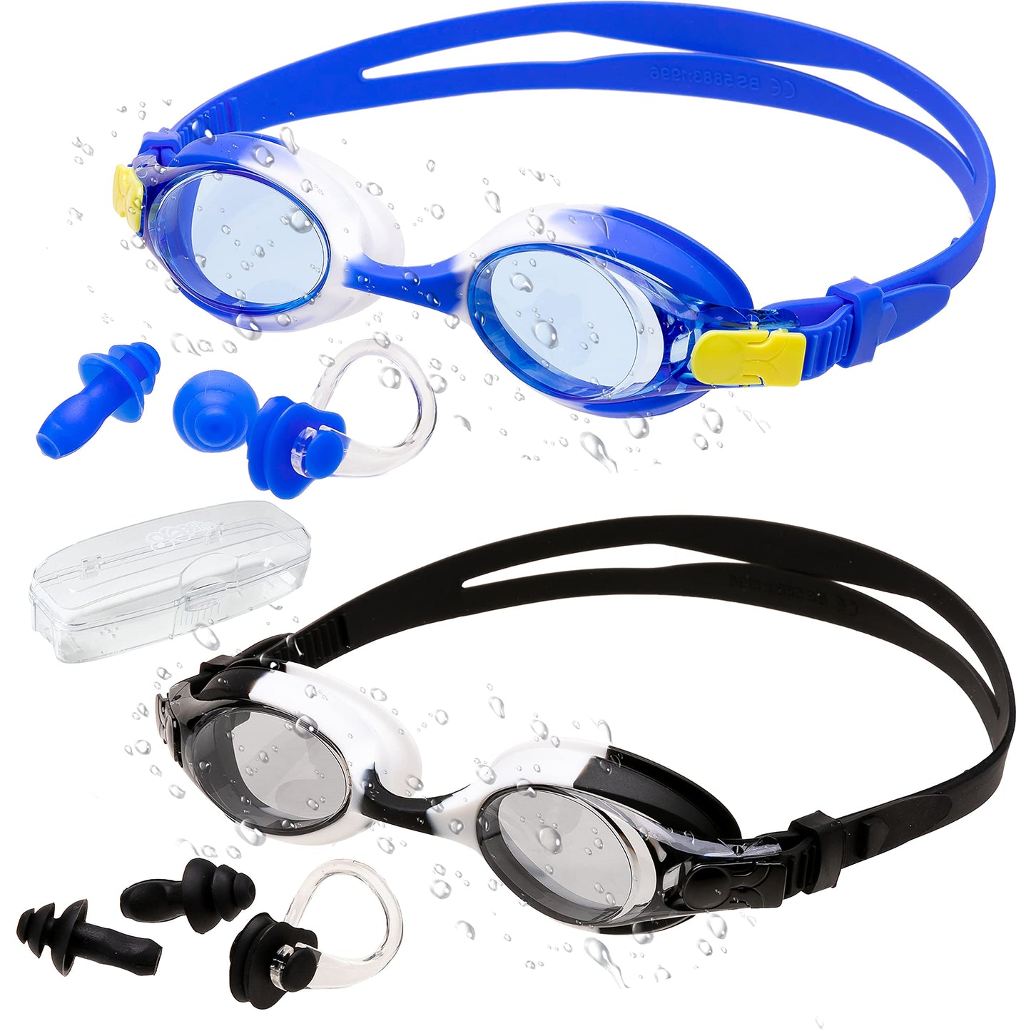 Sloosh Kids Swim Goggles (2 Pack), Swimming Goggles No Leaking Wide View Anti-Fog Anti-UV for Boys & Girls Teens (Black & Blue)