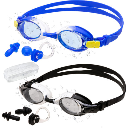Sloosh Kids Swim Goggles (2 Pack), Swimming Goggles No Leaking Wide View Anti-Fog Anti-UV for Boys & Girls Teens (Black & Blue)