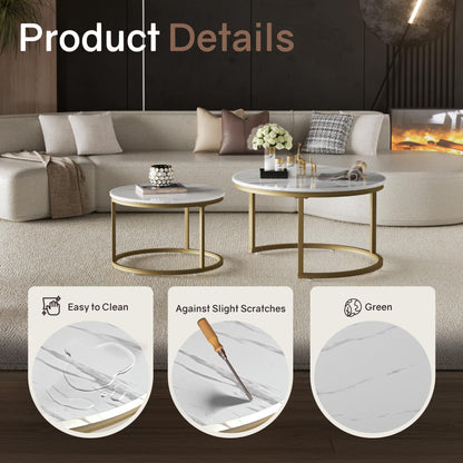 Otterease Nesting Tables Set of 2, 31.5" Round Coffee Table, Small Nesting Coffee Table with Adjustable Non-Slip Fee, White Marble Top Stack Nesting Tables Set of 2 for Living Room, Bedroom (White)