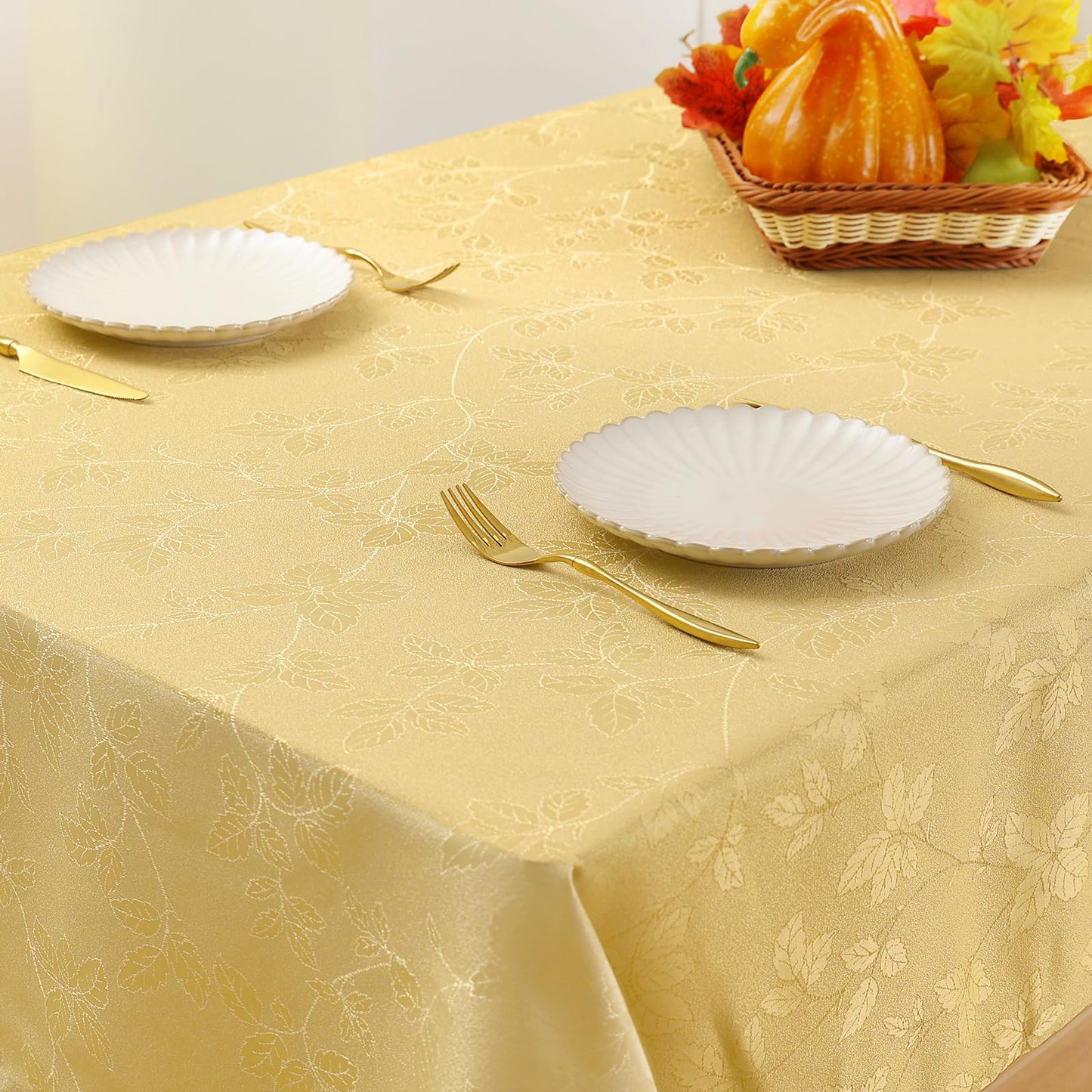 Moosfor Rectangle Tablecloth 60x102 Inch, Waterproof Damask Jacquard Table Cloth, Washable Fabric Table Covers for Dining, Parties, and Christmas Decor, Gold/Yellow